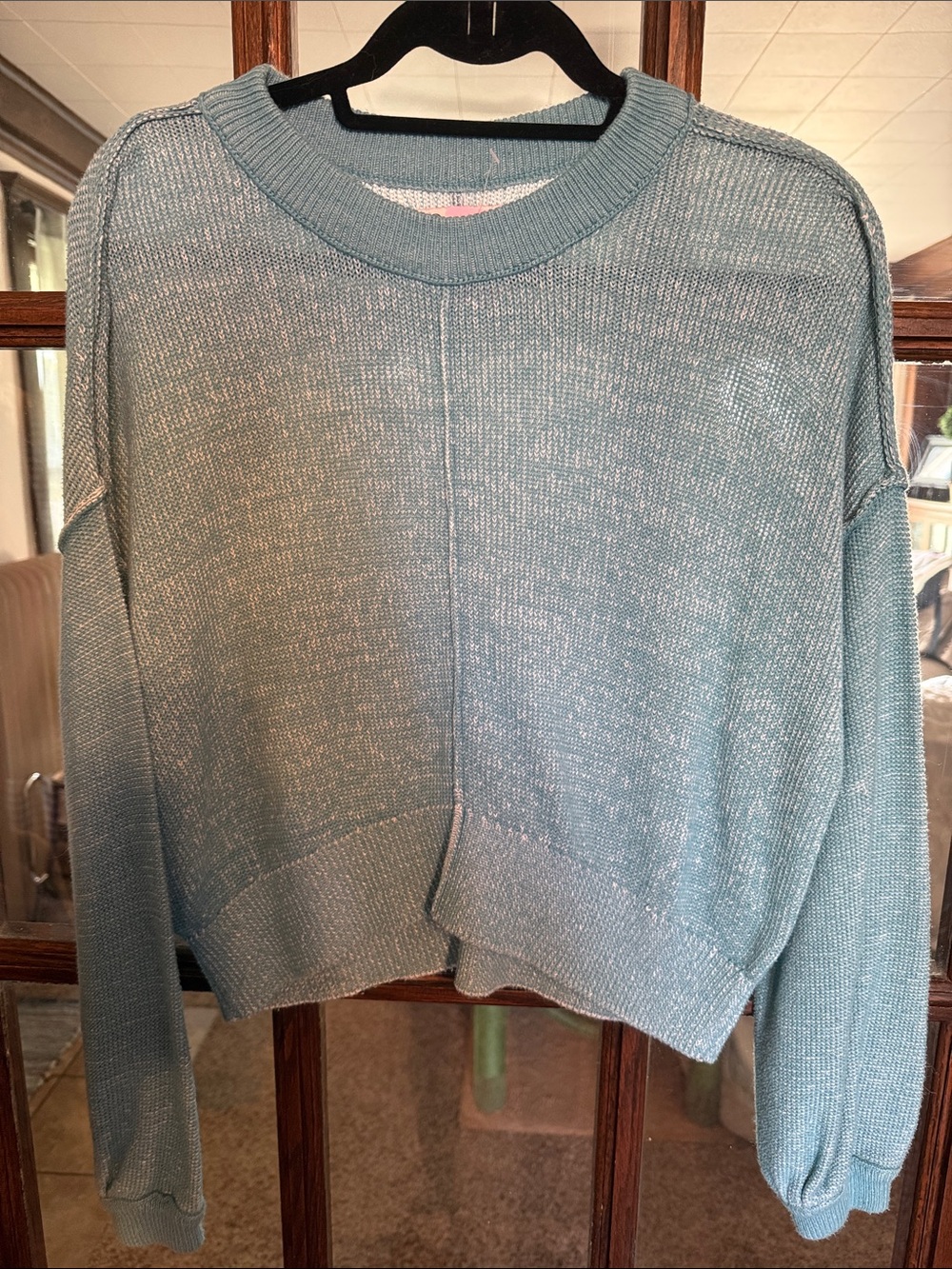 SO Womens Aqua Blue Marled Exposed Seam Cropped Knit Sweater XS Beachy Boho Chic